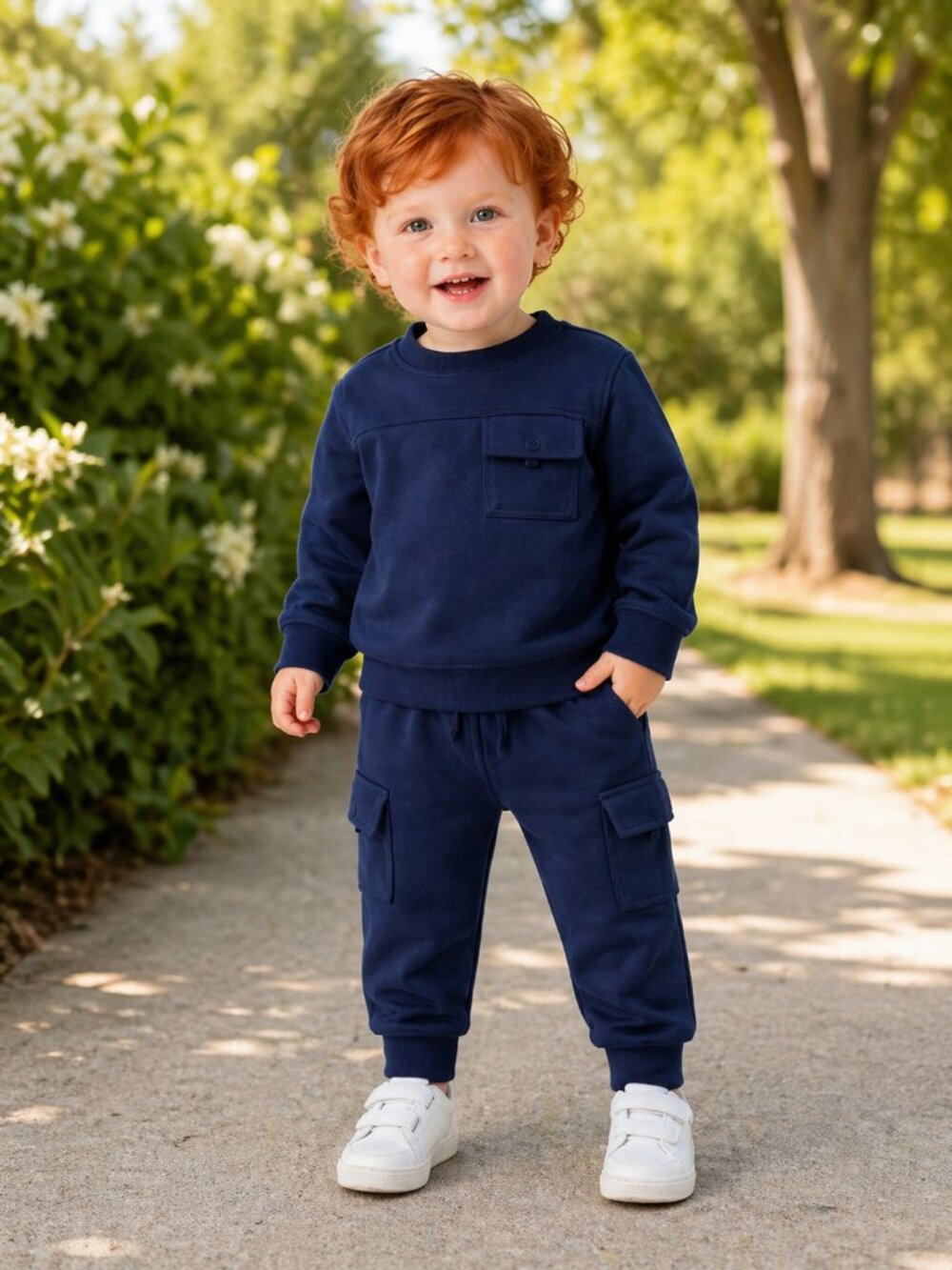NWT Cat & Jack Toddler Boys Navy Blue Pocket Crewneck Sweatshirt & Jogger Set 3T